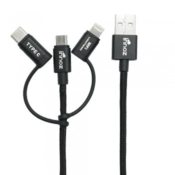Innoz 3-in-1 Nylon Cable - Black, Available in 1M/2M - MFI Certified InnoLink Charging/Transfer Cable - Type-C, Micro USB, Lightning - Nylon Braided, Aluminium Shell
