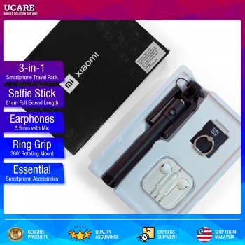 Smartphone 3-in-1 Travel Pack - 3.5mm Jack Selfie Stick Monopod for Apple & Android Smartphones, 3.5mm Earphones Earpod with Mic & Volume Control, 360 Rotating Ring Grip Mount Finger Ring Holder